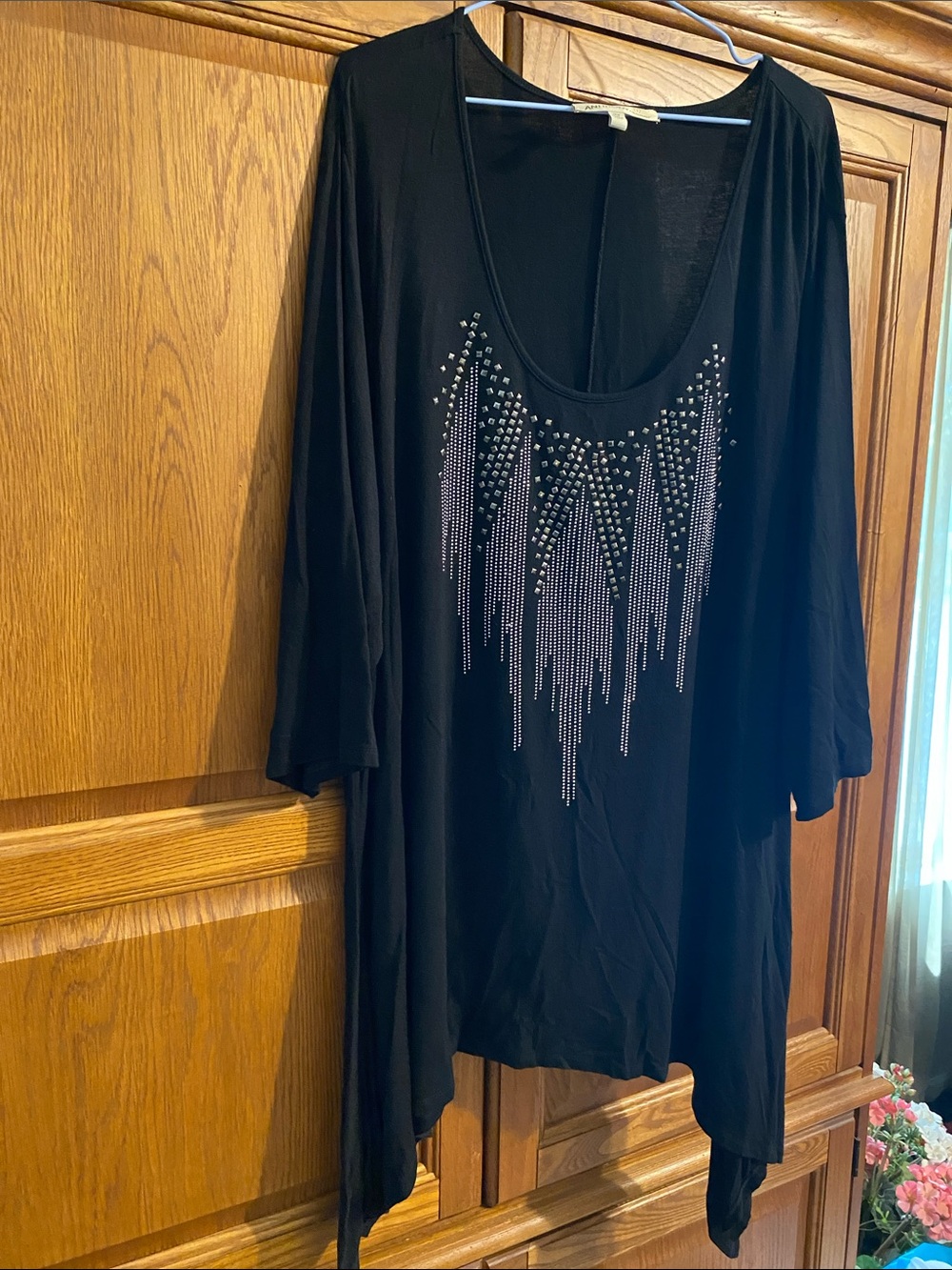 Antthony Black Scoop-Neck Tunic with Silver Stud Fringe Cascade